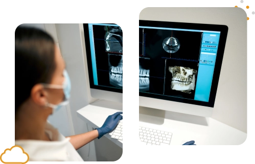 Mulher com máscara e luvas analisa uma radiografia odontológica no computador