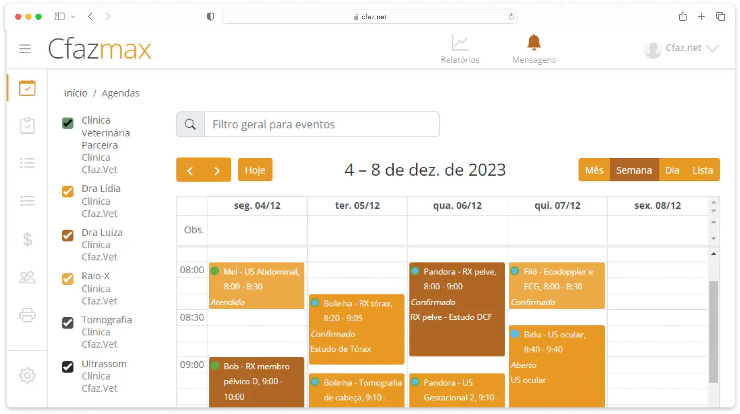 Tela de agendamentos do Cfaz.net