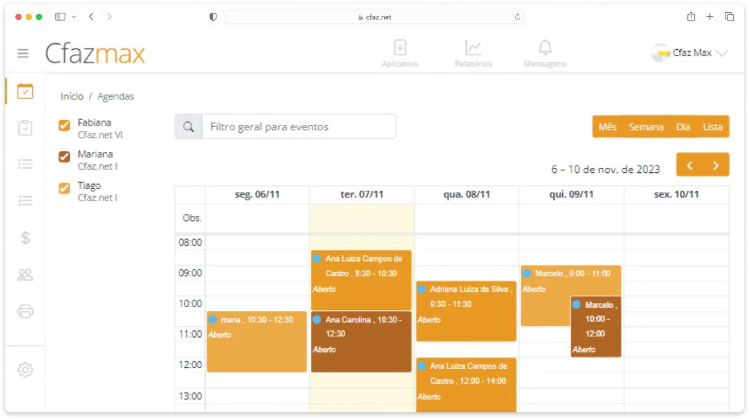 Tela de agendamentos do Cfaz.net
