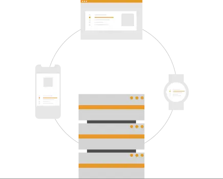 Ícone de um celular e tablet ligados por um servidor. Transmissão de informações em dispósitivos móveis