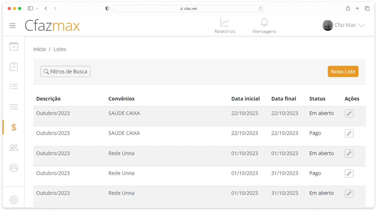 Tela de convênios do Cfaz.net