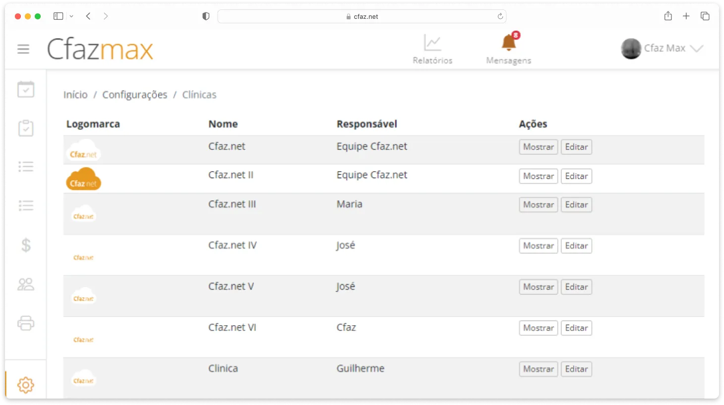Tela do sistema Cfaz.net com várias clínicas