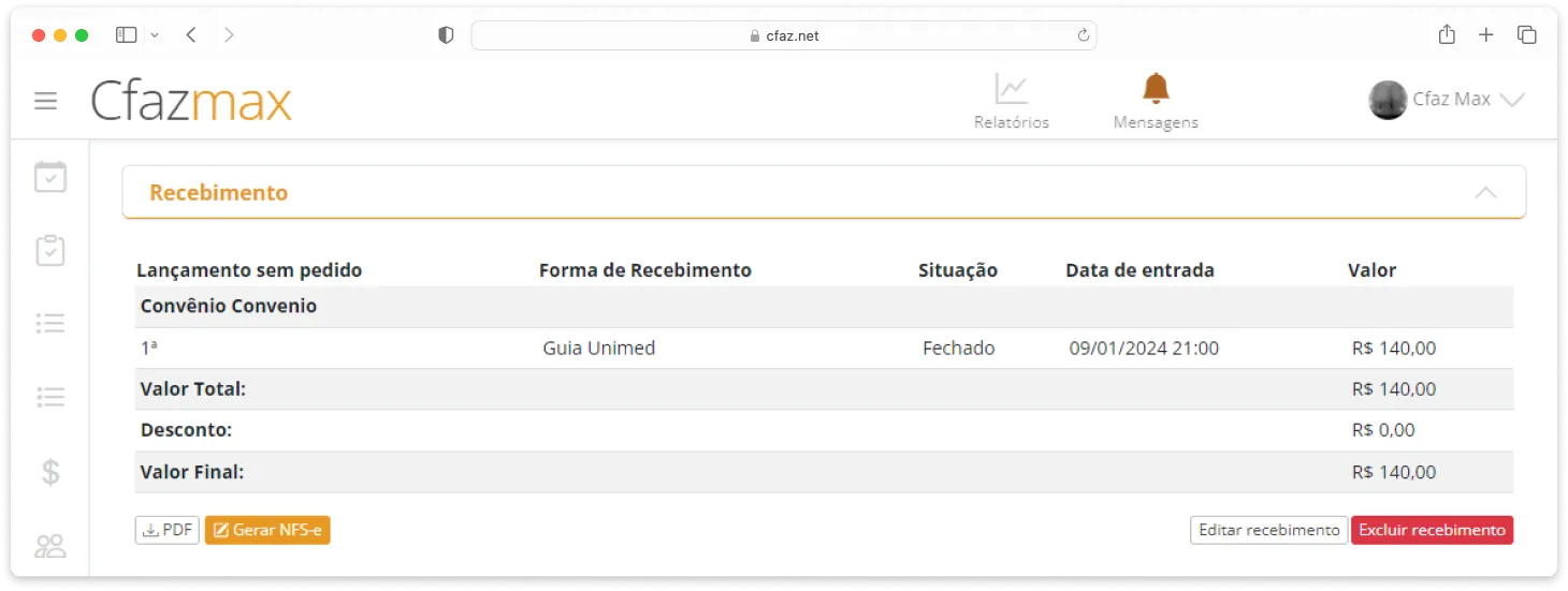 Tela do Cfaz.net da emissão de nota fiscal