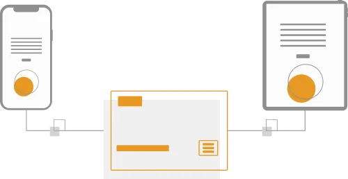 Ícone de um celular e tablet ligados por um servidor. Transmissão de informações em dispósitivos móveis