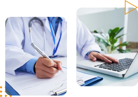 Doctor with stethoscope writes on paper with a pen and has his other hand leaning on a computer