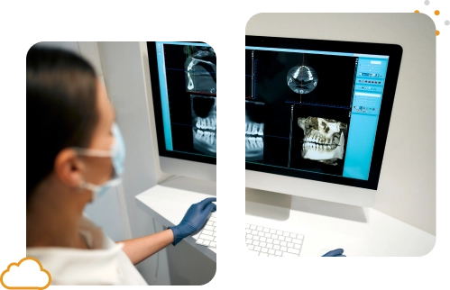 Woman with mask and gloves analyzes a dental x-ray on the computer